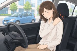 交通事故後から肩の痛みを訴える女性。シートベルトの衝撃による肩関節捻挫や打撲の怪我