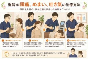交通事故後の頭痛・めまい・吐き気に対する検査と施術の流れを説明したイラスト｜土岐市さくら整体院・さくら接骨院