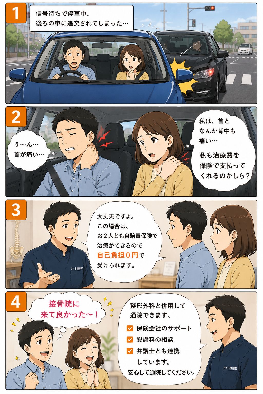 交通事故の同乗者も自賠責保険で治療できる漫画｜土岐市さくら整体院・さくら接骨院