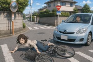買い物途中の女性会社員が交差点で車と衝突し、自転車事故で転倒した交通事故のイラスト