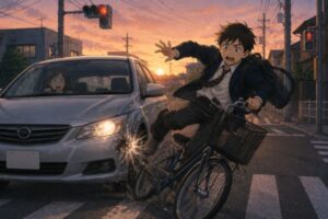 夕方の交差点で自転車に乗った男子高校生が車と衝突する交通事故のイラスト