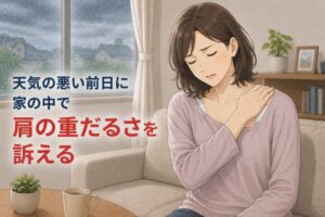 交通事故後から天気の悪い前日に湿布を貼っても肩の重だるさを感じ、自宅で肩を押さえる40代女性のイラスト