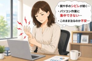 交通事故後に腕や手のしびれが続き、パソコン作業中に悩む40代女性のイラスト