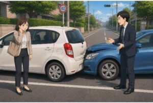 交通事故に遭ってしまった女性と事故現場で対応する男性運転手のイラスト