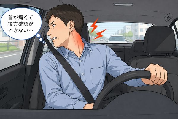 交通事故後からむち打ち・首の痛み。運転中に首の痛みで後方確認が出来ない、飲み物を飲むときに上を向くと首が痛い、スマホやパソコン作業で下を向くと首が痛い